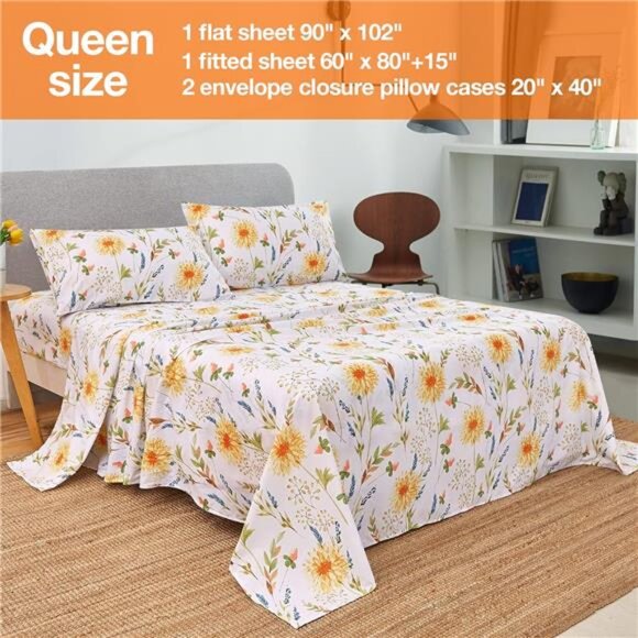 Yellow Floral Printed Sheet Set Queen Size, 4 Piece Soft Botanical Spring Sheets - Picture 2 of 7